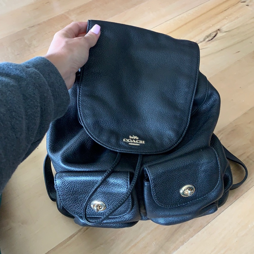 Coach two pocket black leather backpack